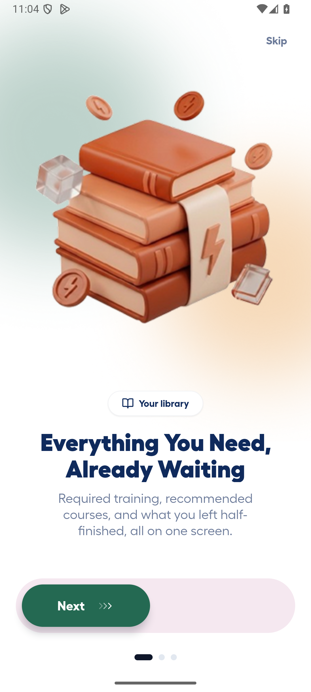 Lenvour Android onboarding screen introducing the learning library