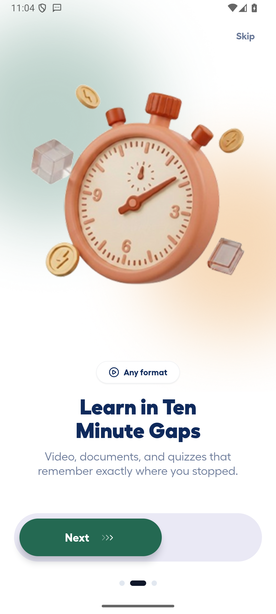 Lenvour Android onboarding screen describing learning formats