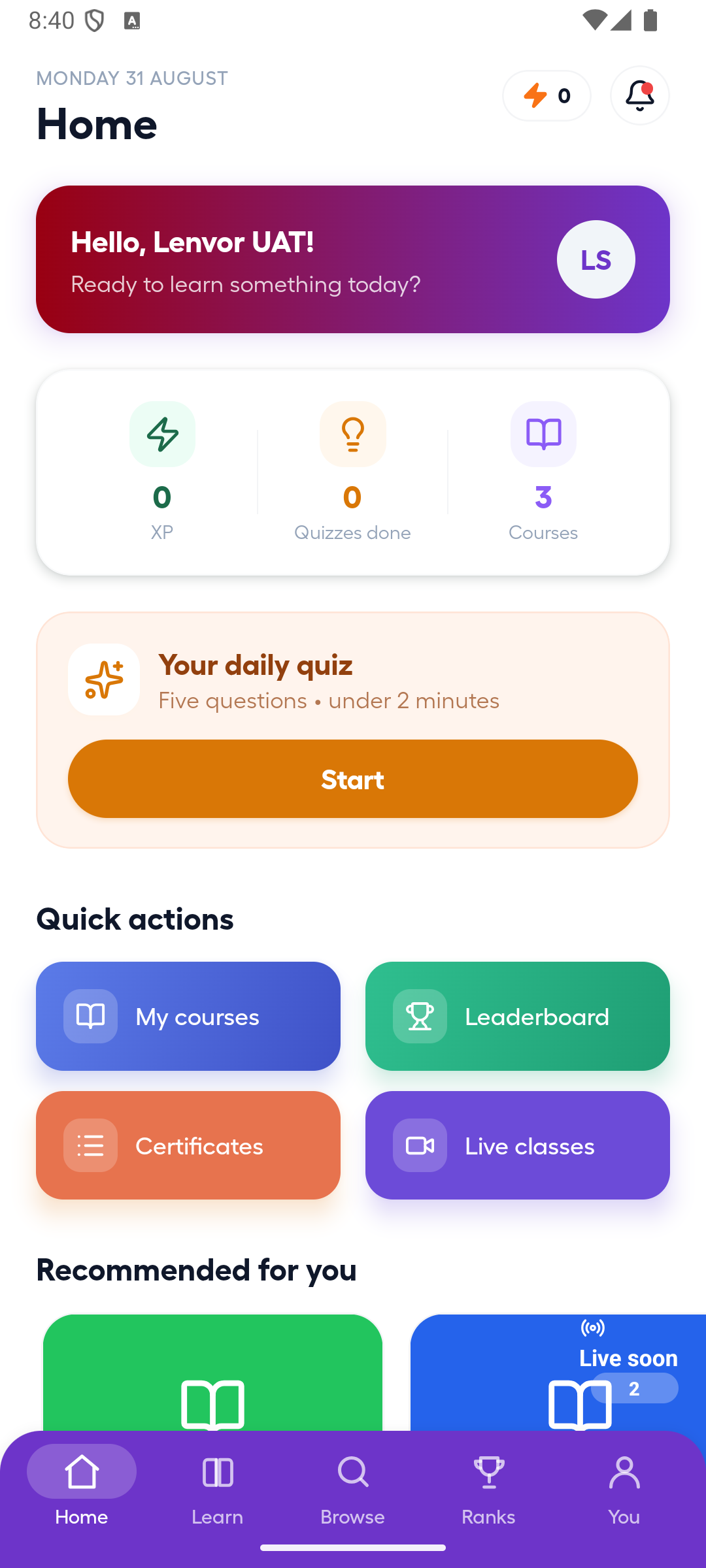 Lenvour Android learner Home screen