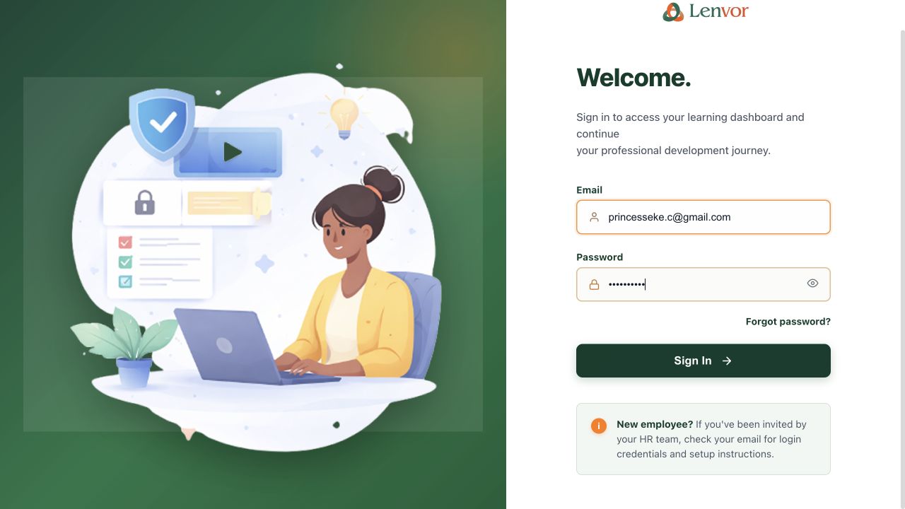 Lenvour sign-in form with an email address and concealed password
