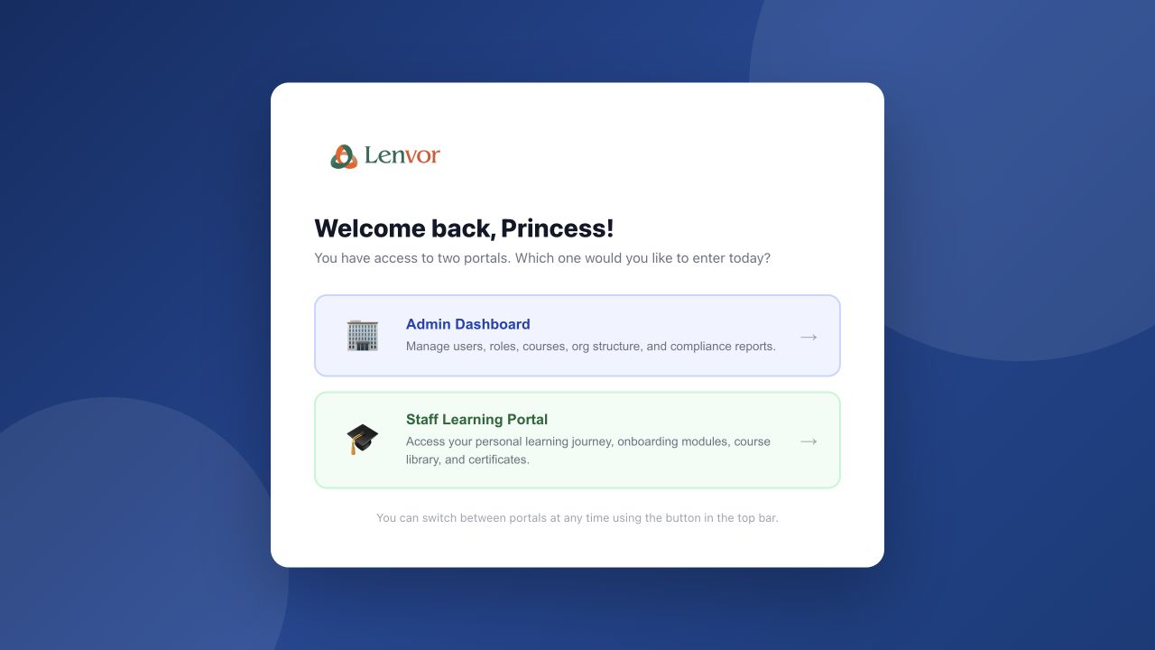 Lenvour portal selector shown after a successful sign-in