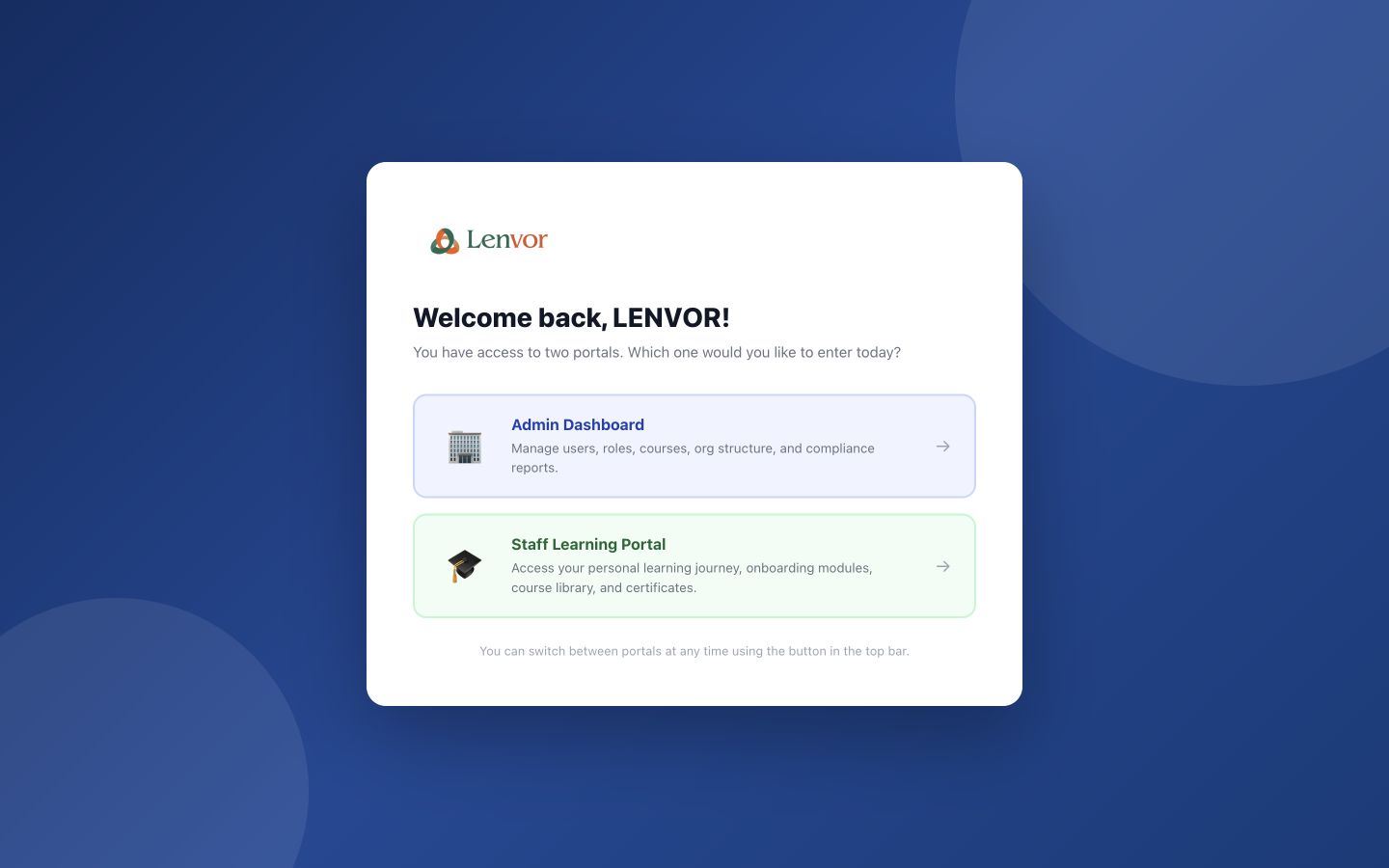 Lenvour portal selector showing the available web workspaces
